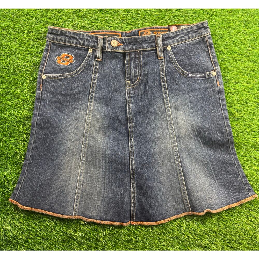 Team Jeans Oklahoma State Cowboys Womens Sz 12 Blue Denim Skirt OSU Fan Logo NWT